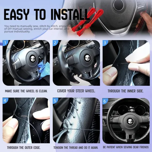 Miniatura 7 de Funda para volante de automóvil, ajuste universal, punto redondo, funda fina de piel sintética cosida en volante de automóvil de 15 pulgadas (negro)