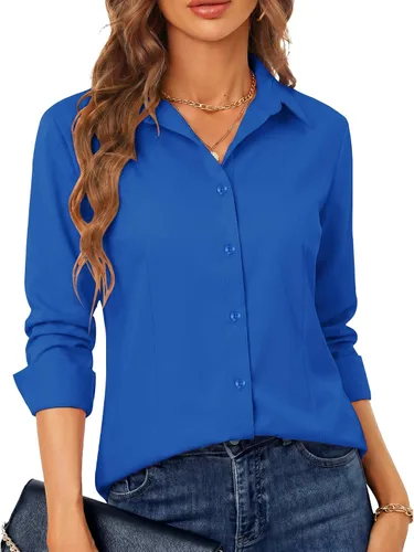 Miniatura 26 de BBIBBI Camisa de vestir elástica de manga larga con botones para mujer, blusa de trabajo casual de negocios (clásica, recortada y alta)