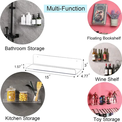 Miniatura 3 de Sooyee Estantes acrílicos, paquete de 4 estantes flotantes montados en pared de 15 pulgadas, vitrina Funko Pop, estante invisible para libros