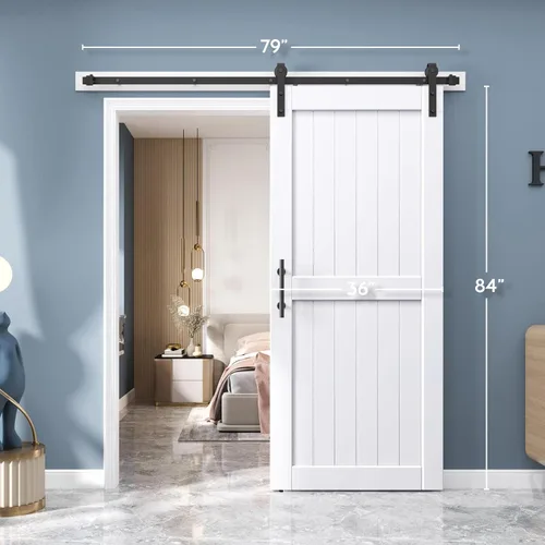 Miniatura 8 de Puerta de granero EaseLife de 36 x 84 pulgadas en blanco con kit de herrajes para puerta corredera de 6.6 pies incluido y manija, madera maciza
