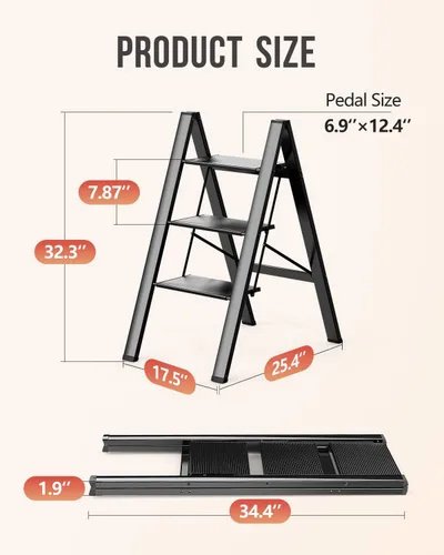 Miniatura 6 de WOA WOA Escalera de 3 escalones, taburete plegable, escalera ligera para armario de cocina del hogar, pedales de aluminio antideslizantes, facilidad