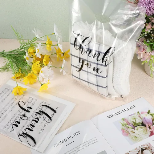Miniatura 3 de Crtiin 100 piezas de bolsas de mercancía transparentes con texto "Thank You" y asas troqueladas, bolsas de plástico para camisetas, embalaje