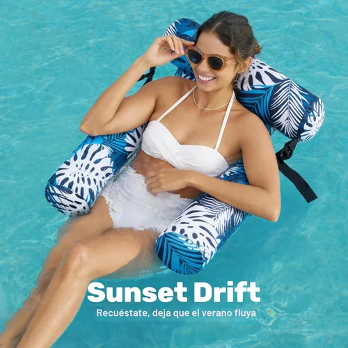 Miniatura 3 de Sloosh Sillas flotantes de piscina para adultos, sillas inflables de piscina, hamaca flotante con patrón de plantas para adultos, flotadores