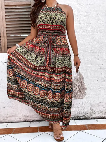 Miniatura 4 de MakeMeChic Vestido largo bohemio con lazo en la espalda, sin mangas, cintura alta, línea A, con cinturón