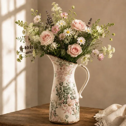 Jarrón de cerámica vintage con asa, jarrones florales grandes de estilo granja verde y rosa, jarrón decorativo chinoiserie, centro de mesa rústico