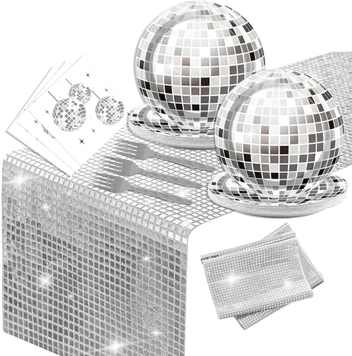 Miniatura 8 de Juego de 98 piezas de suministros de fiesta de disco con purpurina de los años 70, camino de mesa de bola de discoteca, platos de papel, servilletas