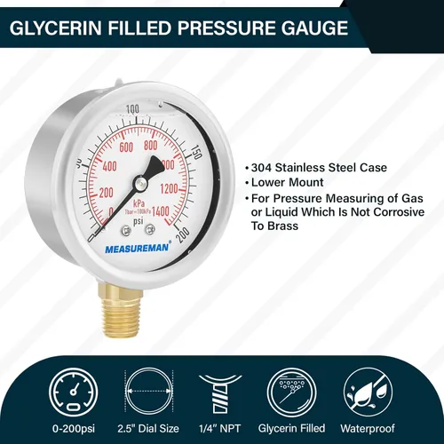 Miniatura 2 de MEASUREMAN Tamaño del dial de 2-1/2 pulgadas, medidor de presión lleno de líquido, 0-200 psi/kpa, caja de acero inoxidable 304, montaje inferior