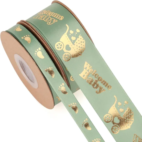 Miniatura 8 de Meseey 2 rollos en total de 20 yardas de cinta de bienvenida para bebé, cintas negras y doradas con estampado de pies para manualidades, pasteles