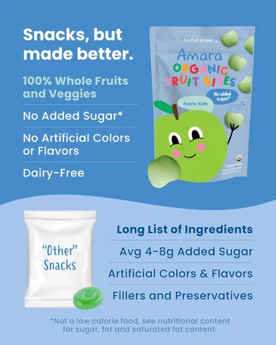 Miniatura 6 de Amara Bocaditos de frutas orgánicas de col rizada de manzana, sin colores/tintes artificiales, azúcar añadida, aperitivos de frutas sin lácteos