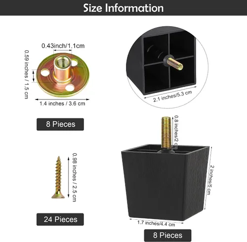 Miniatura 2 de TURSTIN Paquete de 8 patas cuadradas de plástico para sofá de 2 pulgadas, patas cuadradas para sofás, sillas, color negro