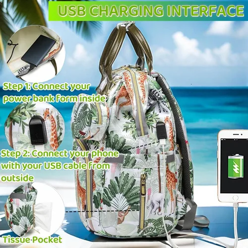 Miniatura 3 de Mochila para pañales de selva tropical, mochila para pañales con diseño de animales con bolsa para monedas, puerto de carga USB, correas para Blanco