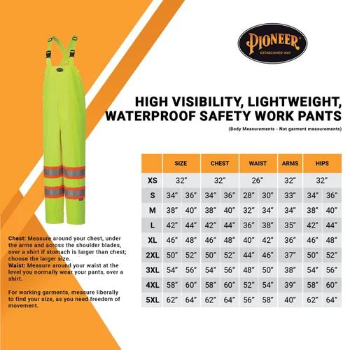 Miniatura 5 de Pioneer Pantalones de trabajo de seguridad de alta visibilidad, ligeros, impermeables con tirantes ajustables, cinta reflectante, amarillo/verde