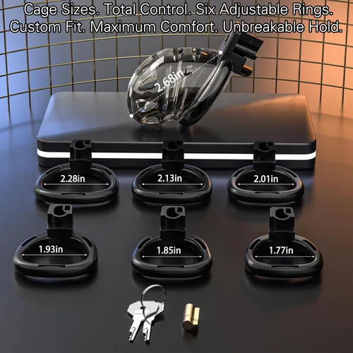 Miniatura 2 de Dispositivo de jaula de castidad masculina, jaula de silicona suave con 6 anillos de tamaño, correas ajustables, bloqueo de pene ligero, control