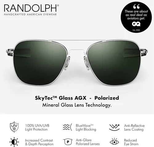 Miniatura 2 de Randolph USA Lentes de sol clásicos de aviador cromados brillantes para hombres o mujeres, 100% UV