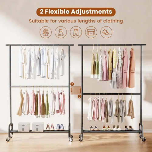Miniatura 4 de Abiglifty Perchero con ruedas de 2 niveles, perchero resistente con ruedas, capacidad de 150 libras, 43 pulgadas de ancho x 17 pulgadas de Negro
