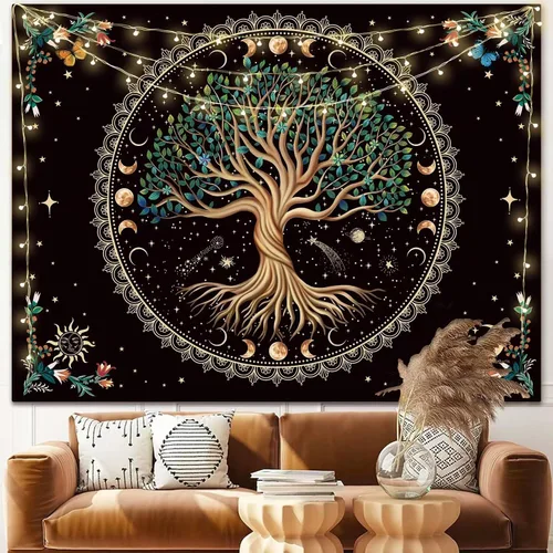 Tapiz de árbol de la vida de fase lunar, naturaleza, flores, plantas, mariposas, tapices bohemios, mandala espiritual, tapiz estético para colgar en