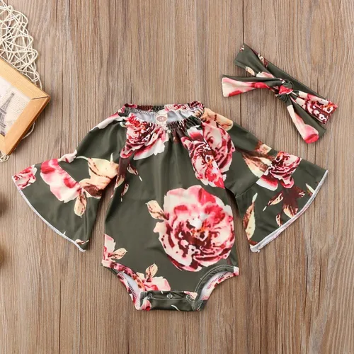 Miniatura 3 de Mameluco de manga larga con diseño de flores de encaje para bebé, color liso, conjunto de ropa con diadema