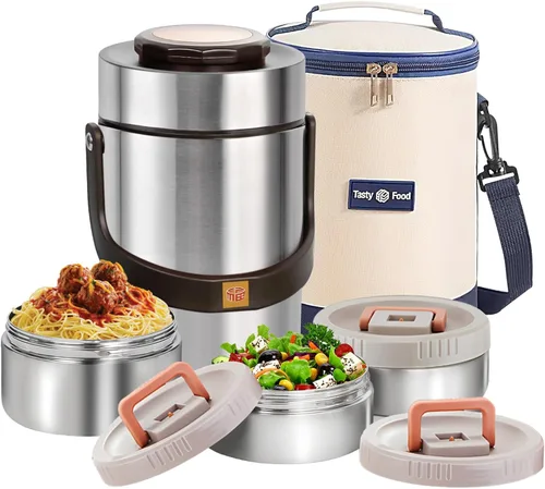 Miniatura 11 de Termo mejorado de 67 onzas para comida caliente, termo apilable de 3 capas, tarro de sopa con bolsa aislante, ideal para oficina, comidas al aire 67