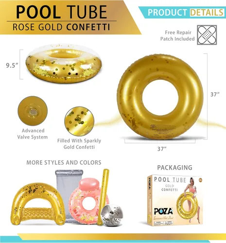 Miniatura 2 de POZA Flotador de Tubo Inflable para Piscina – Anillo de natación de confeti brillante, Tubo Inflable de Servicio Pesado Resistente a los Rayos UV Oro