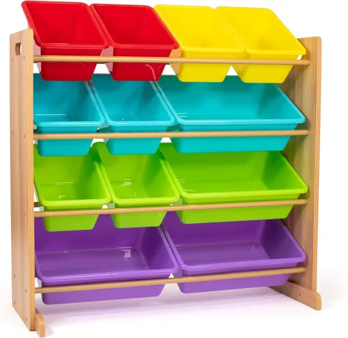 Miniatura 14 de Humble Crew Organizador de almacenamiento de juguetes para niños con 12 cubos de plástico, madera natural/aguamarina, contenedores extraíbles