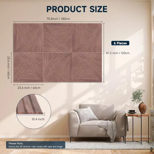 Miniatura 2 de Paneles de pared acústicos, paquete de 6 paneles de 72 x 48 pulgadas con textura de madera 3D, paneles de arte autoadhesivos decorativos