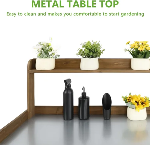 Miniatura 7 de PetsCosset - Banco de jardinería con mesa de trabajo al aire libre, de madera, con superficie de mesa metálica, gabinete, cajón, estante inferior