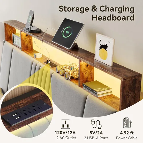 Miniatura 5 de BedsPick Base de cama tamaño completo con cabecera ergonómica, plataforma de metal tapizada tamaño completo con almacenamiento de 2 niveles