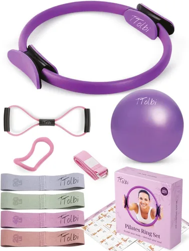 TTolbi 10-Piece Pilates Kit for Beginners with Video Tutorials | Pilates Ring and Ball Set for Women, 4 Fabric Resistance Bands, Yoga Strap,