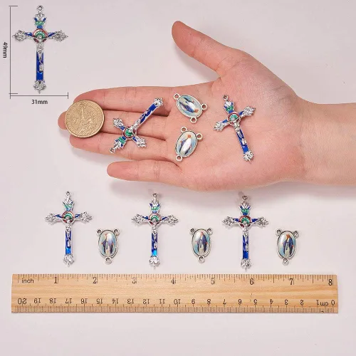 Miniatura 6 de SUNNYCLUE 1 caja de 20 piezas de cruz y centro de rosario tibetano de Pascua con colgantes de cruz de aleación y eslabones de araña ovalados