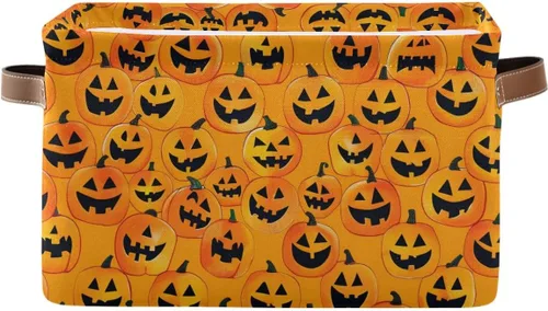 Cesta de almacenamiento sin costuras de Halloween, bolsa organizadora plegable de tela de calabaza amarilla con asas, 15 x 11 x 9.5 pulgadas