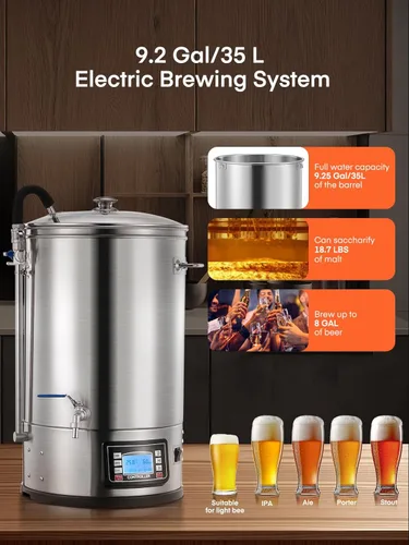 Miniatura 6 de FOHERE Sistema de elaboración de cerveza eléctrico todo en uno (9.2 galones/35L), cervecera casera de acero inoxidable, olla para puré y hervir