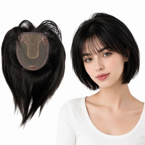 Miniatura 10 de Peluca de cabello humano para mujer con flequillo, peluca con clip para cabello fino + base de cuero cabelludo de poliuretano de alta densidad