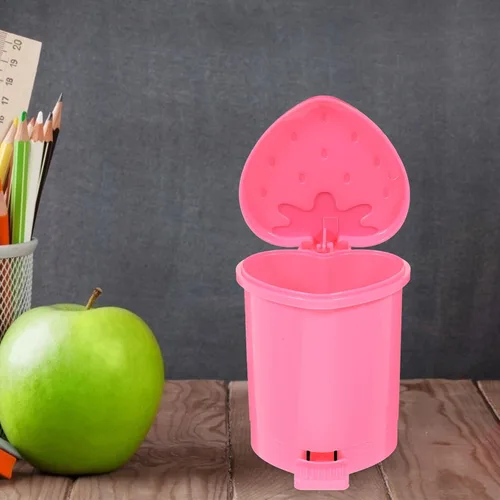 Miniatura 6 de NUOBESTY Mini basurero de escritorio de fresa con tapa de 4.13 x 3.54 pulgadas, lindo cubo de basura rosa para escritorio de oficina en casa