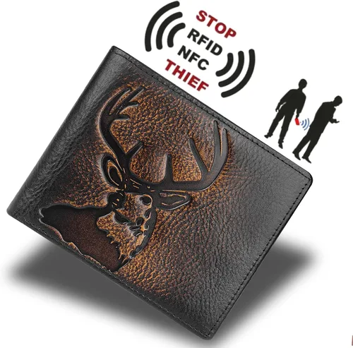Miniatura 4 de DK86 Billetera plegable de piel auténtica para hombre, bloqueo RFID, capacidad adicional, múltiples ranuras para tarjetas con 2 ventanas