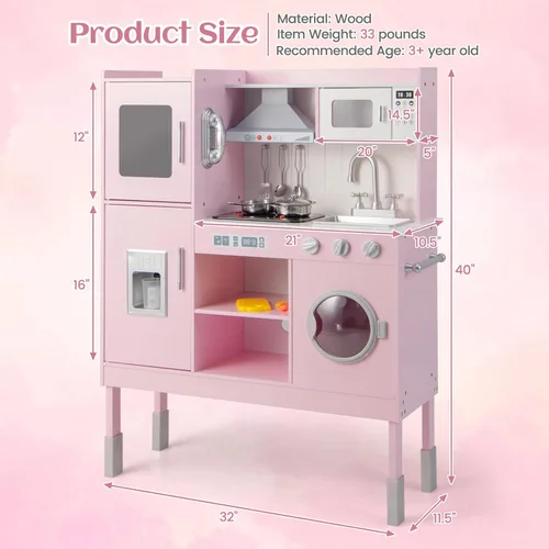 Miniatura 7 de INFANS Juego de cocina de madera para niños, juego de cocina de simulación para niños pequeños con luz y sonido realistas, estufa, fregadero