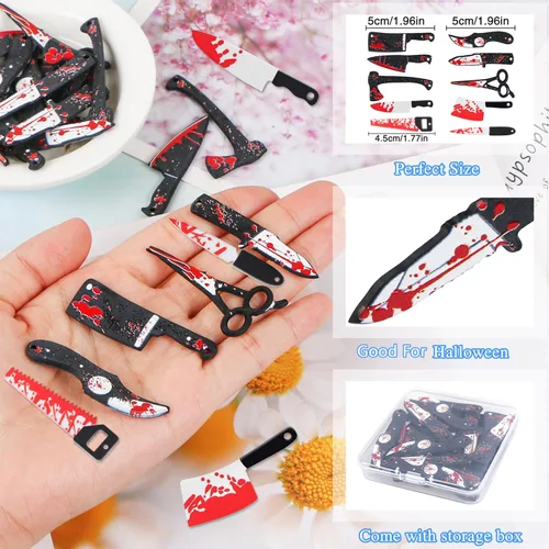 Miniatura 2 de 40 dijes de cuchillos falsos, mini abalorios de resina para mujer, joyería de bricolaje, manualidades, colgante de Halloween con caja, 10 estilos