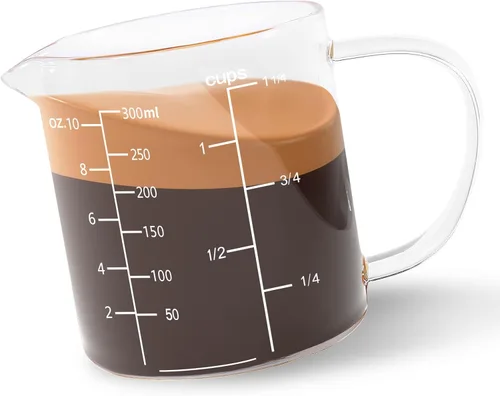 Newness Taza medidora de vidrio con asa, 10.1 fl oz (0.3 litros, 1 1/4 taza) taza medidora con tres escalas (OZ, taza, ML/CC) y pico en forma de V,