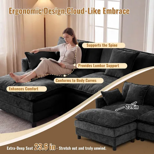 Miniatura 6 de Juego de sofá modular de 107 pulgadas con otomana, sofá convertible en forma de L, sofá de asiento profundo de felpilla de 3 plazas con almohadas