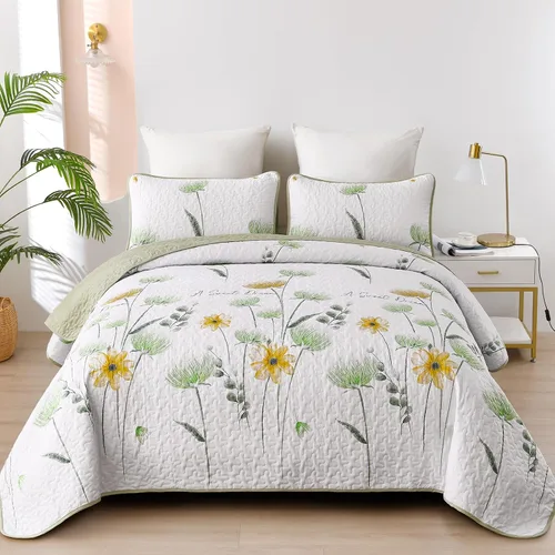 Miniatura 33 de Dinjoy Juego de colcha floral tamaño Queen, colcha azul agua tamaño Queen de 3 piezas, juego de ropa de cama ligera de estilo granja, colcha