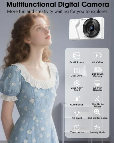 Miniatura 5 de Cámara Digital con Lente Frontal y Trasera, Cámara de Enfoque Automático de 64MP 4K para Fotografía con Tarjeta de 32GB, Cámara Compacta Portátil