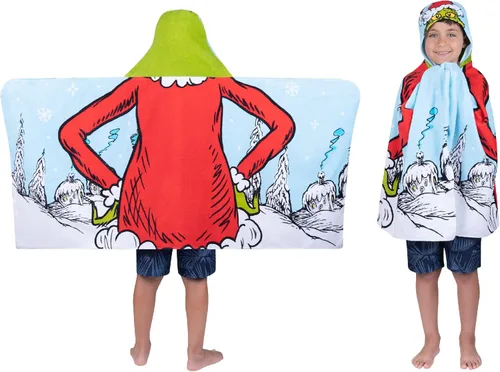 Grinch de Dr. Seuss Toalla de rizo de algodón suave con capucha para niños, para uso en baño/piscina/playa, 24 x 50 pulgadas, (Producto oficial de