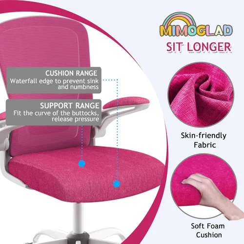 Miniatura 6 de Mimoglad Silla de oficina ergonómica de malla con respaldo alto, soporte lumbar ajustable, cojín de asiento grueso (moderno, rosa Barbie)