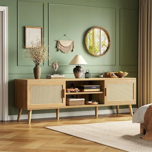 Miniatura 8 de SUPERJARE Soporte de TV bohemio para TV de 65 pulgadas, centro de entretenimiento con estante ajustable, consola de TV de ratán con 2 gabinetes