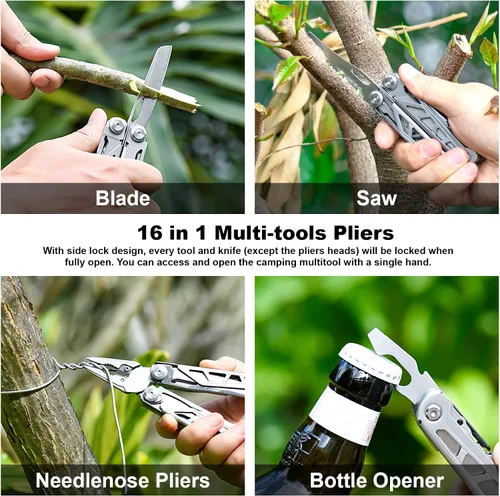 Miniatura 8 de FLYHOMES Cuchillo de bolsillo multiherramienta, alicates multiherramienta 16 en 1 con bloqueo de seguridad, tijeras, destornillador y sierra
