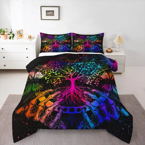 Erosebridal Juego de ropa de cama con diseño de árbol de la vida, diseño bohemio de mariposa y mariposa, edredón de fase lunar hippie, edredón