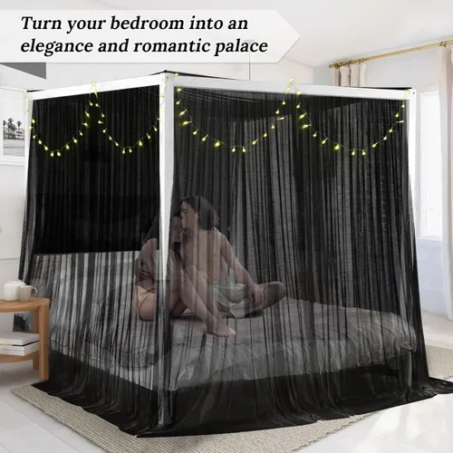 Miniatura 6 de South to East Cortinas de cama negras con dosel, toldo de 4 postes esquineros para niñas y adultos, cortinas de cama de lujo para decoración