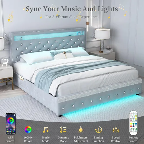 Miniatura 3 de Marco de Cama Queen con LED y 2 Cajones, Cabecero de Plataforma Moderno Resistente Ajustable Tapizado con Botones de Cristal Acolchado, Marco de Gris