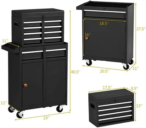 Miniatura 2 de X&T Caja de herramientas con ruedas compuestas, organizadores de pecho desmontables con cerradura con 4 ruedas y 5 cajones, armario