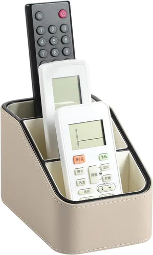 Soporte para control remoto de piel sintética, organizador de escritorio pequeño, suministros de oficina, mesita de noche para mesa auxiliar, Beige