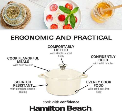 Miniatura 6 de Hamilton Beach Olla holandesa de hierro fundido esmaltado de 3 cuartos de galón con tapa, color crema